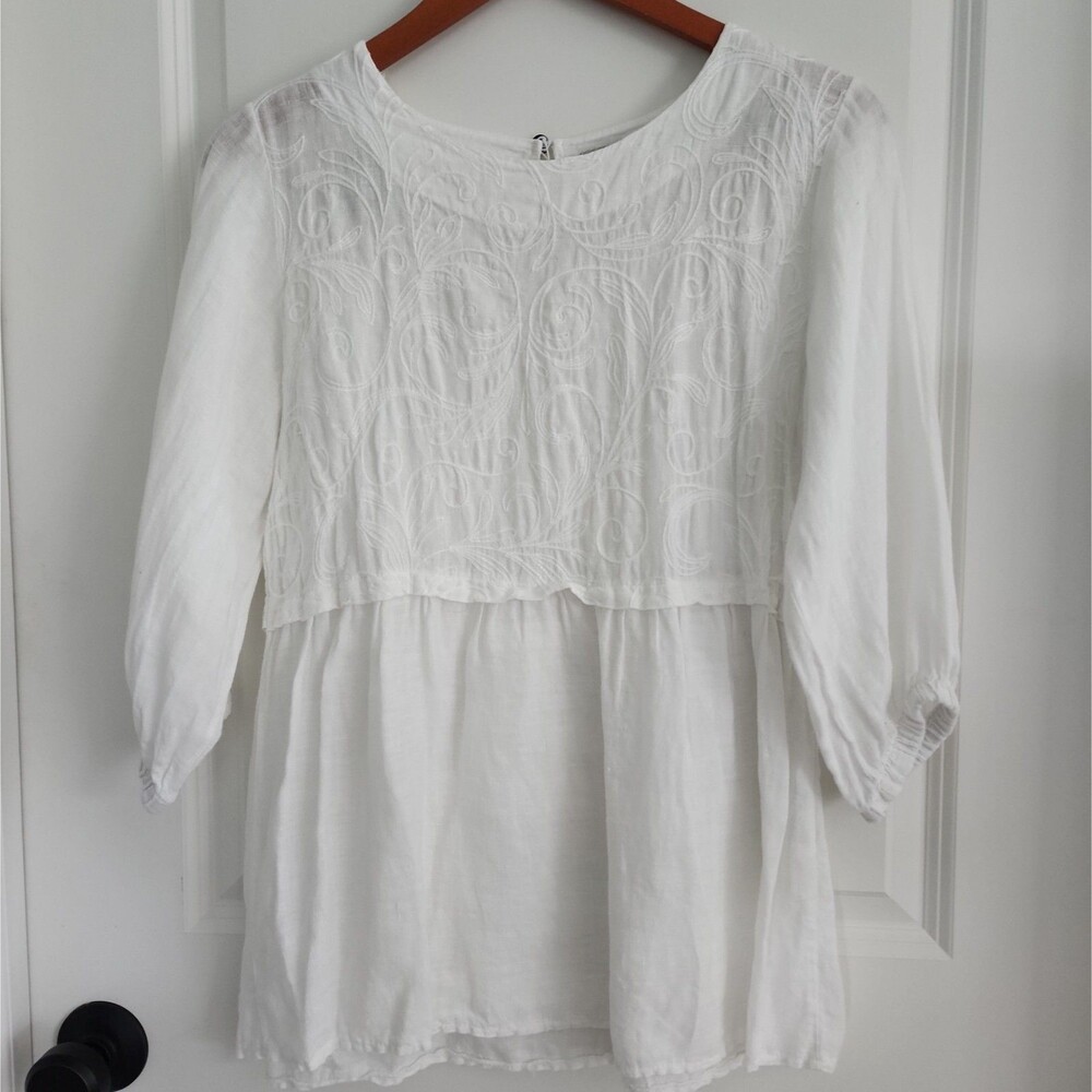Alessia Pacini 100% Linen Tunic Blouse Shirt Top Size S White Embroidered Italy
